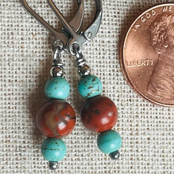 Red Jasper & Turquoise Stone Dangle Earrings, Minimalist Gemstone Small Earrings - Picture 4 of 6